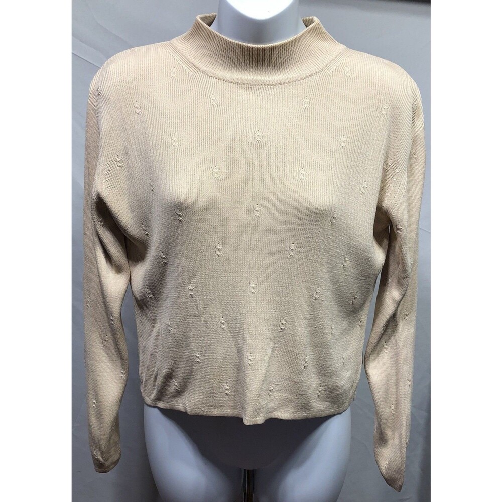 Jones NY Pullover Sweater PS Tan Mock Neck Silk Knit Career Preppy Office